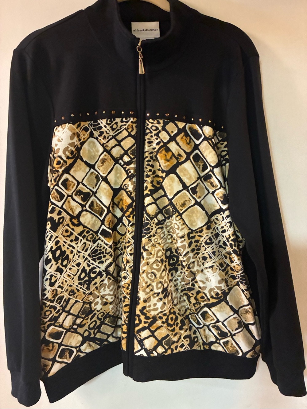 Alfred Dunner Knit Black and Gold Animal-Print Zip Bomber Jacket